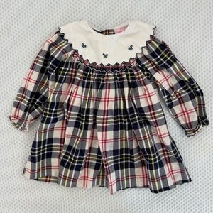 Vintage Baby Girls Holiday Plaid Long Sleeve Dress with Embroidered Collar 12M